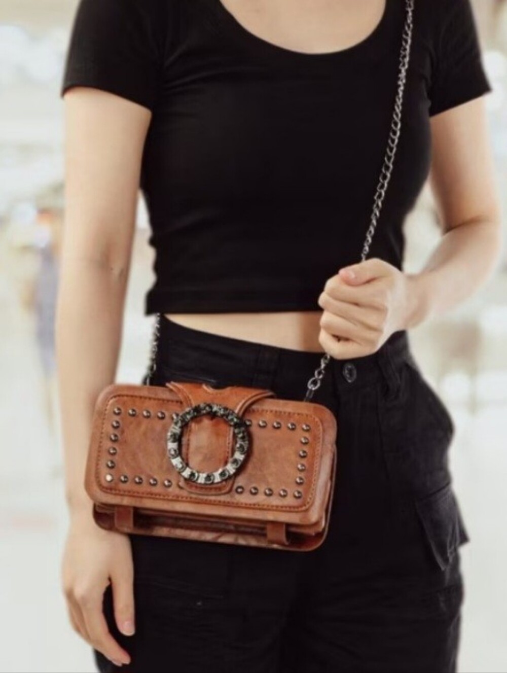 NWOT Faux Leather Brown Studded Mini Crossbody Bag Retro Chic Y2K Punk